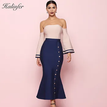 

Halinfer 2018 New summer women dress sexy bodycon strapless button bandage dress elegant celebrity party navy dresses vestidos