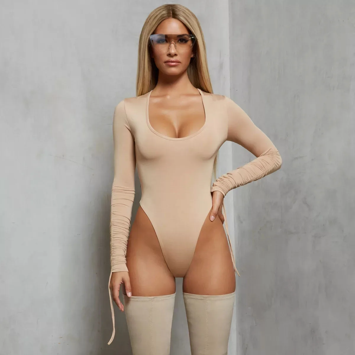 

Pholeey Spring Solid Sexy Knitted Women Thong Suit Long Sleeve Bodycon Bodysuit Cotton V Neck Skinny Lace Up Female Bodysuit