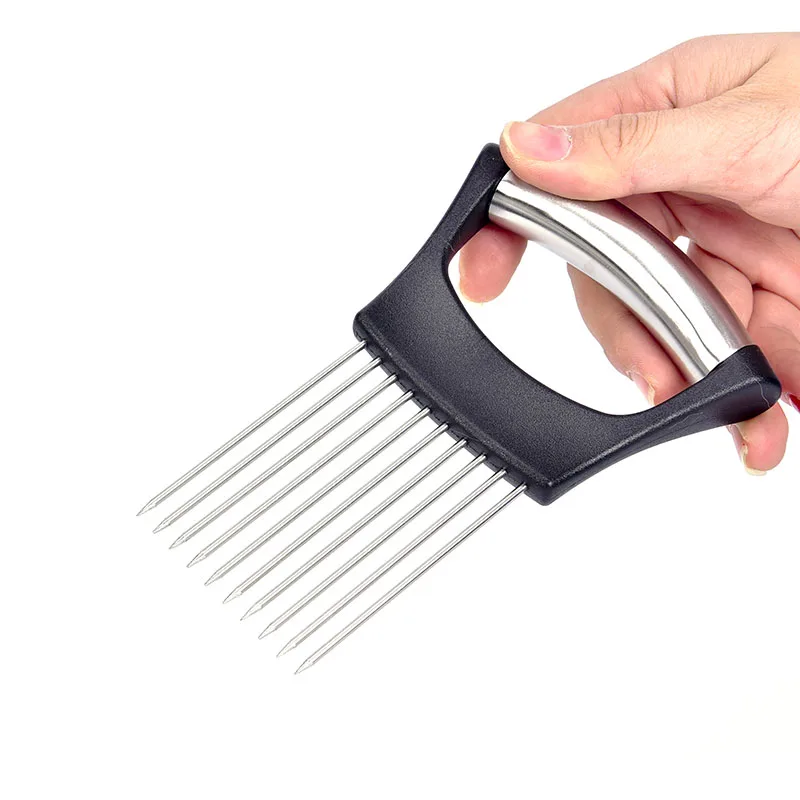 

1PCS Tomato Onion Vegetables Slicer Stainless Steel Cutting Aid Holder Guide Slicing Cutter Safe Fork Shrendders & Slicers
