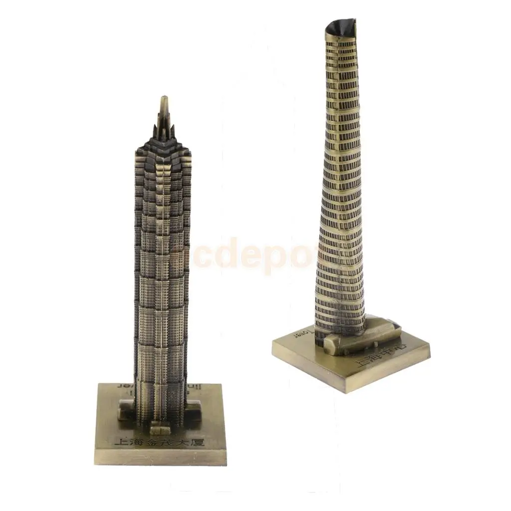 2pcs Vintage Metal Jin Mao Tower Statue and Shanghai Tower Building Statue Figurine Travel Souvenirs Art Crafts