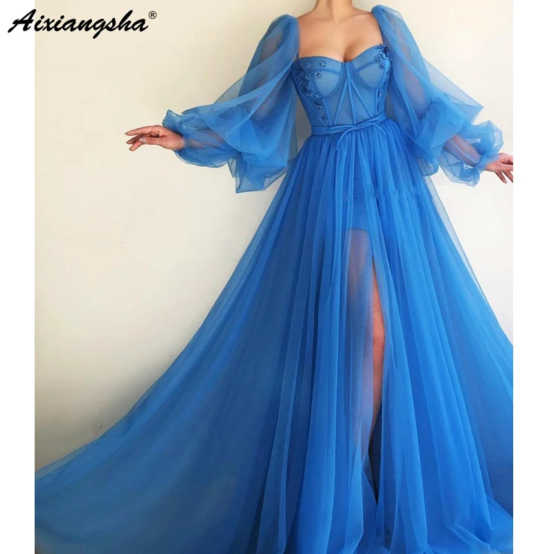 Романтические синие мусульманские Вечерние платья ТРАПЕЦИЕВИДНОЕ милое платье с длинными рукавами из тюля исламский Дубай Саудовская Арабская длинное вечернее платье для выпускного вечера