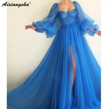Romantic Blue Muslim Evening Dresses A-line Sweetheart Long Sleeves Tulle Islamic Dubai Saudi Arabic Long Evening Gown Prom