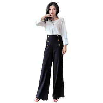 

Spring Autumn Women Chic Elegant 2 Piece Set Female 2019 Casual Wild Sets V-Neck Shirt + Double Breasted Wide Leg Pants Sets J74