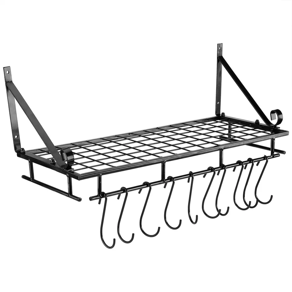 

Metal Hanging Pan Pot Rack Wall Mounted with 10 Hook Holder Kitchen Storage Organizer