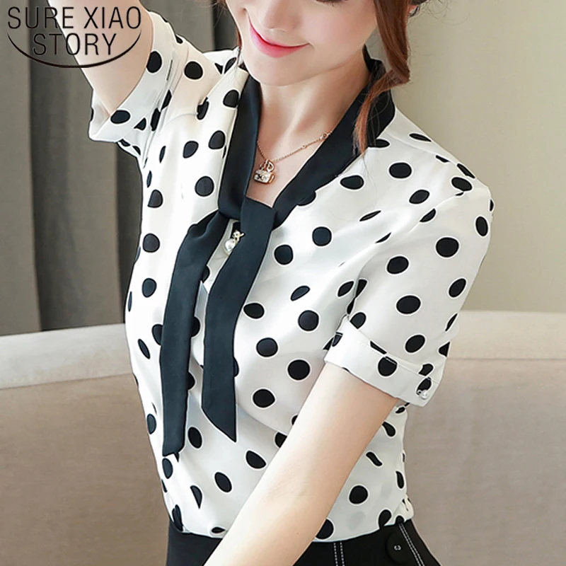 

Summer 2019 New Fashion Women Blouse Short Sleeve Plus Size V-neck Slim Fit Casual Blouse Party Blouse Polka Dot 5185 50