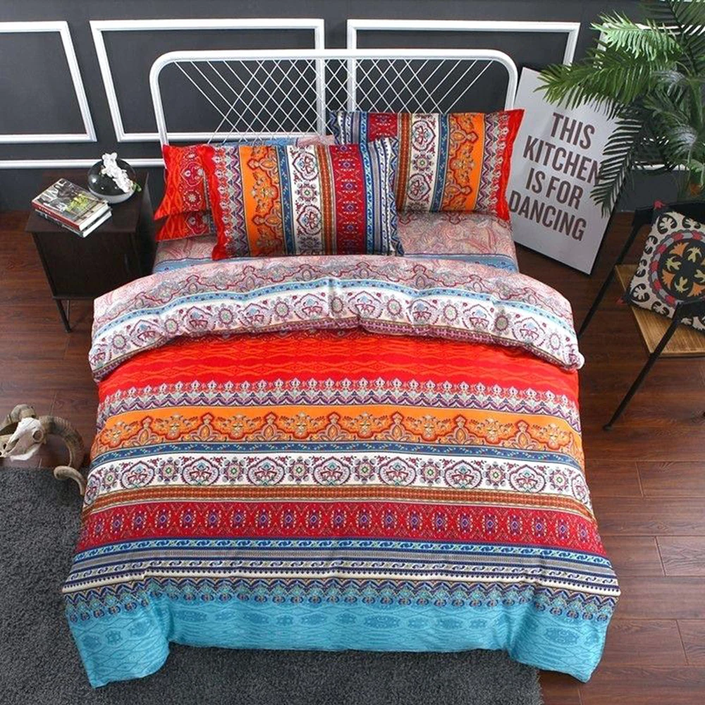 

4pcs Polyester Folk Style Bedding Set Duvet Cover Pillowcase Flat Sheet Geometric Printed Colorful Bedroom Linen Covers Bright