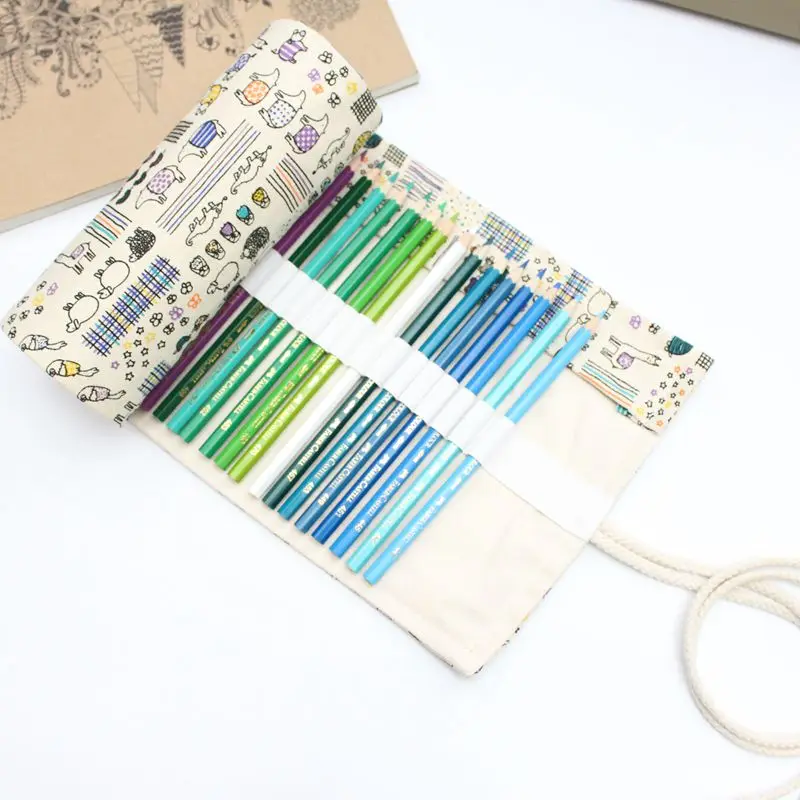 

36/48/72 Holes Pencil Case School Canvas Roll Pouch Makeup birds and beastsBrush Pen Storage pecncil box Estuches School penalty