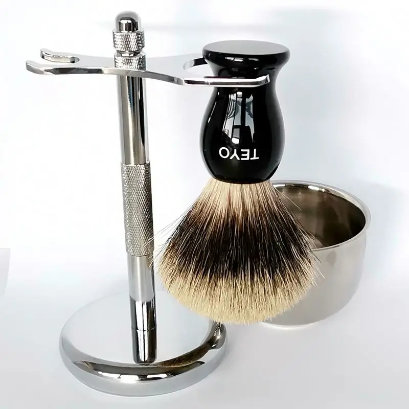 Набор кистей для бритья TEYO с двумя полосами из барсука, включает щетку для бороды с полимерной ручкой, хромированную подставку для бритья, двухслойная миска