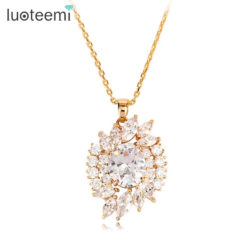 

LUOTEEMI Factory Wholesale Champagne Gold-Color Necklace Luxury CZ Necklaces & Pendants Wedding Bridal Accessories Jewelry