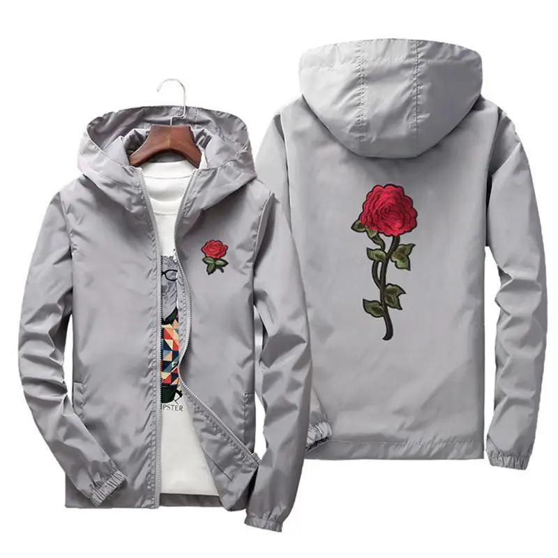 Lusumily, Женские базовые куртки,, куртка с капюшоном, пальто, вышивка, роза, повседневная, размера плюс, 7XL, ветровка для женщин, Бомбер, женский, белый - Цвет: Gray
