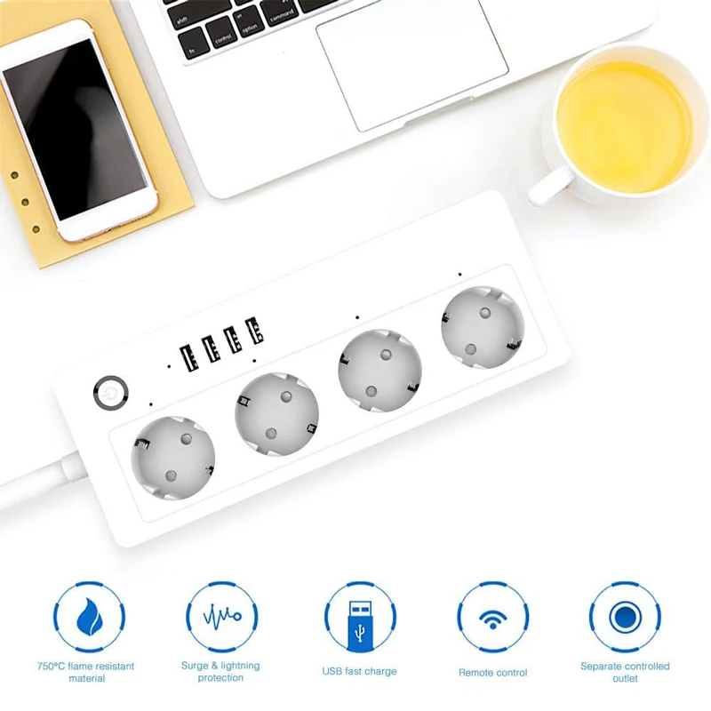 Smart Wifi Power Strip Network Filter EU Plug 4 USB Timer Power Socket Extension Voice Control Work Alexa Google IFTTT