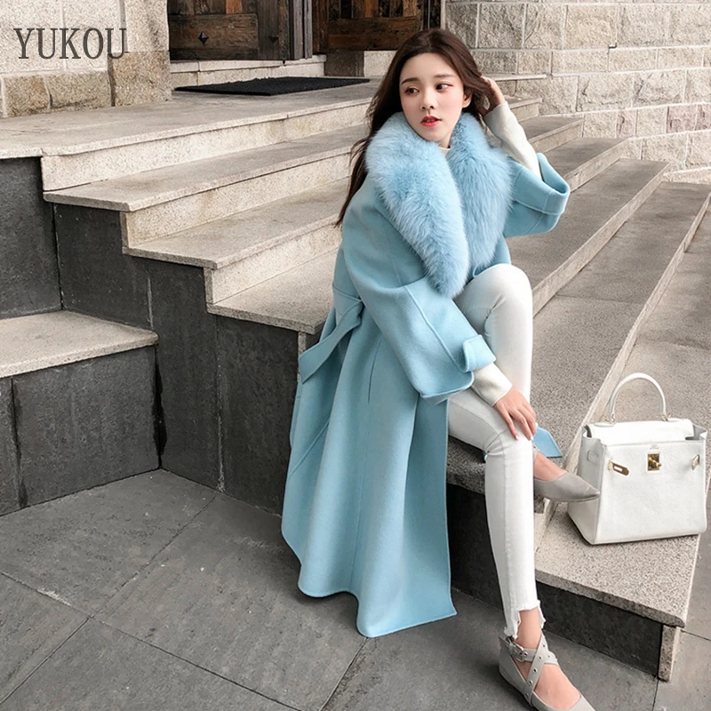 

Women Cashmere Coats 100% Double Side WooL Big Fox Fur Collar Overcoat Long Winter Cashmere Drop-Shoulder Sleeve Outerwear
