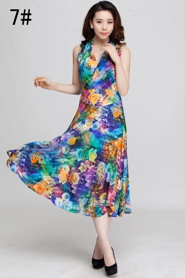 Летнее стильное женское платье, цветочный узор, платье с V-образным воротом, без рукавов, подходит по запаху и выпуску, платья, длинное пляжное платье