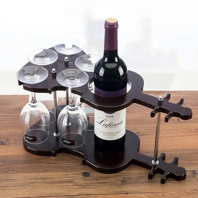 

Wooden Violin Wine Bottle Stand and Goblet Glass Hanging Rack Decorative Drinkware and Barware Gadget Craft Ornament Accessories