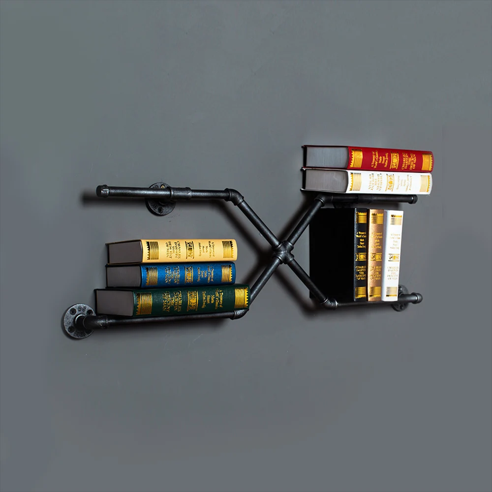 

Retro Art Display Shelves Decorative Bookshelf Creative Living Room Storage Rack Wall Hanging Iron Pipe Wood Panel Book Shelf