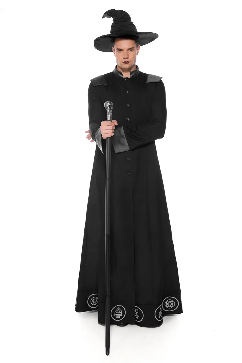 Для взрослых мужские черные костюм волшебника платье для Хэллоуина темного чудесный халат религиозная священник Косплей Костюм