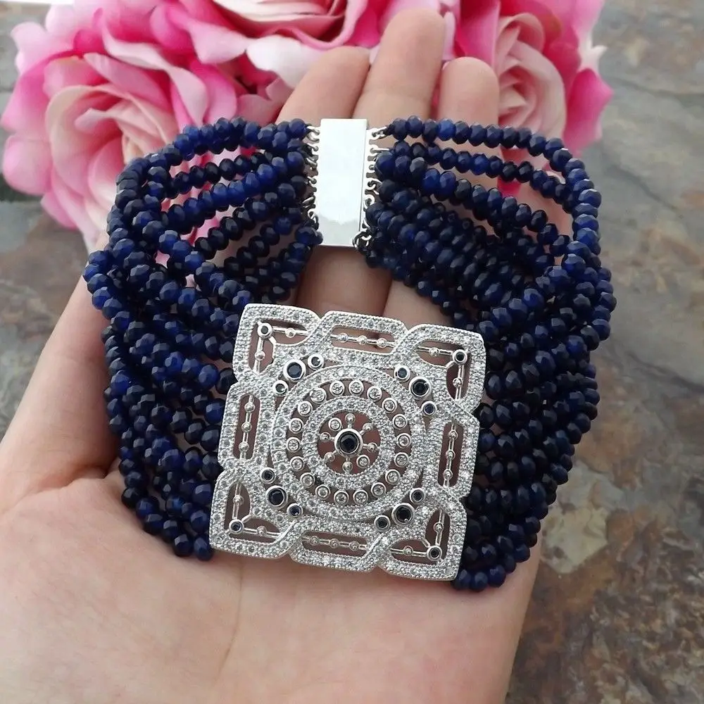 

10 Strands 8'' Blue Rondelle Stone CZ Pave Connector Bracelet