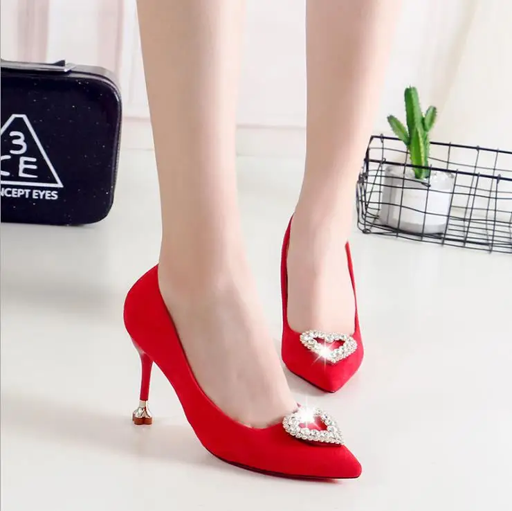 2018 autumn new heart shaped rhinestone pointed high heels