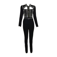 Женский комбинезон знаменитостей с длинными рукавами и бусинами спереди, элегантное облегающее платье, комбинезон