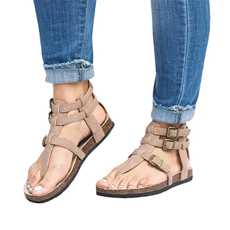 JUSTSL/Новое поступление; женские сандалии-гладиаторы; Летняя женская обувь; большие размеры; сандалии на плоской подошве для женщин; повседневные сандалии в римском стиле - Цвет: Beige 1