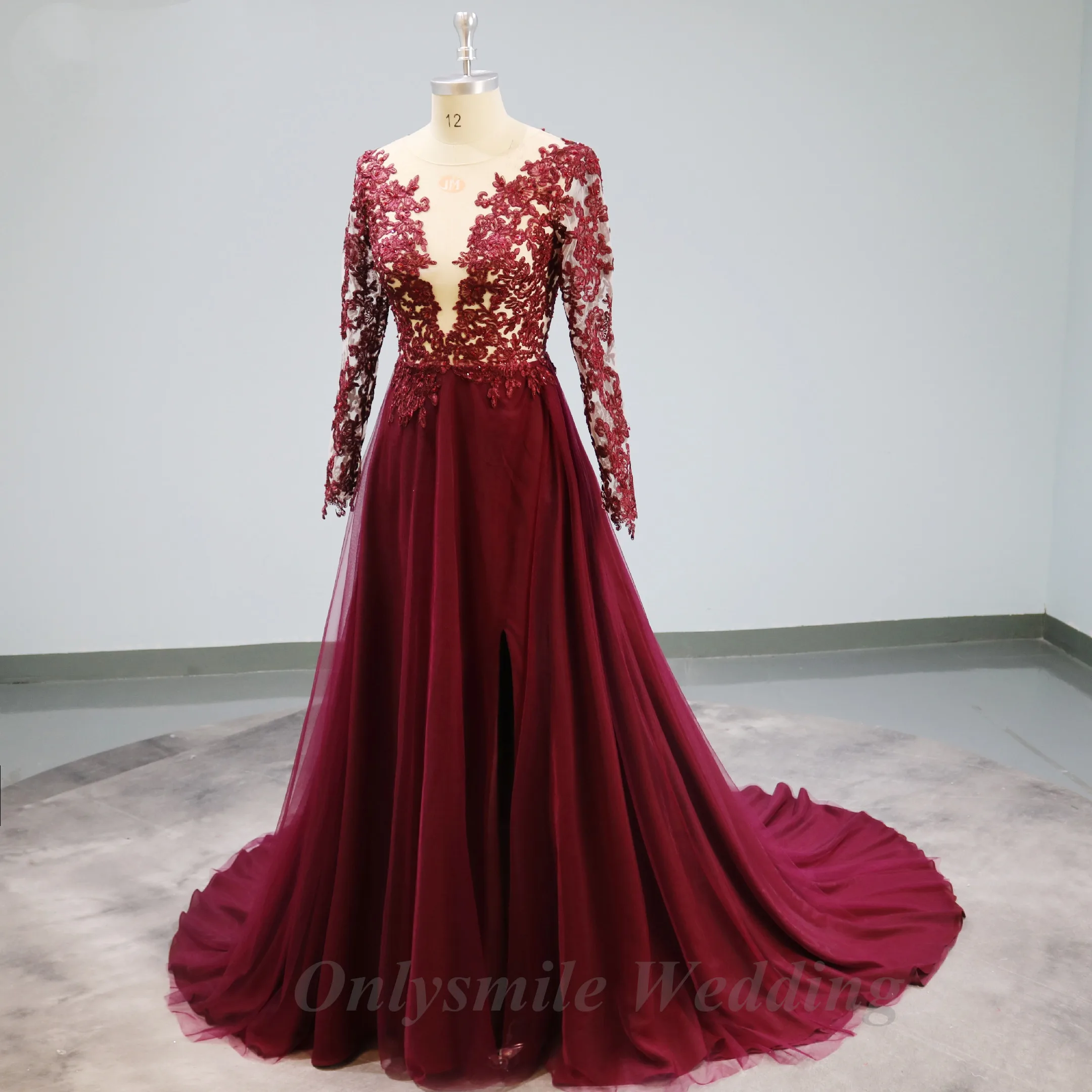 

Onlysmile Fashion Transparent Long Sleeve celebrity dresses Sexy Red Appliques Illusion Prom Gown Chapel Train Robe De Soiree