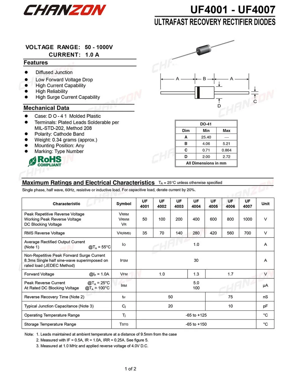 (100 шт.) UF4007 Ultra быстрое восстановление выпрямительного диода 1A 1000 V 50 75ns DO 41 (DO 204AL)