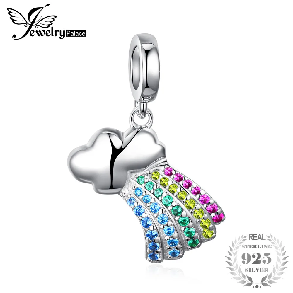 

JewelryPalace 925 Sterling Silver Created Ruby Blue Yellow Green Cubic Zirconia Charm Rainbow Cloud Dangle Charm New Hot Sale