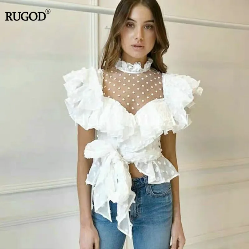 

RUGOD 2019 summer vintage t-shirt women's transparent mesh wrikled transparent tops lady gril elegant chiffon t-shirt