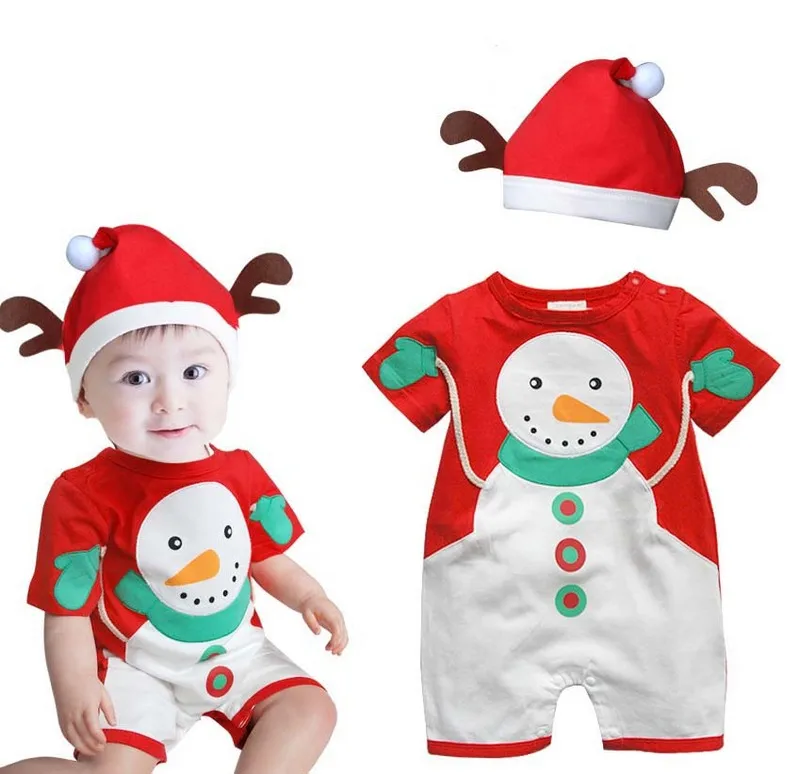 2016 New Year Baby Boys Christmas Clothes 2pcs short sleeve snowman romper Santa Hat xmas boy