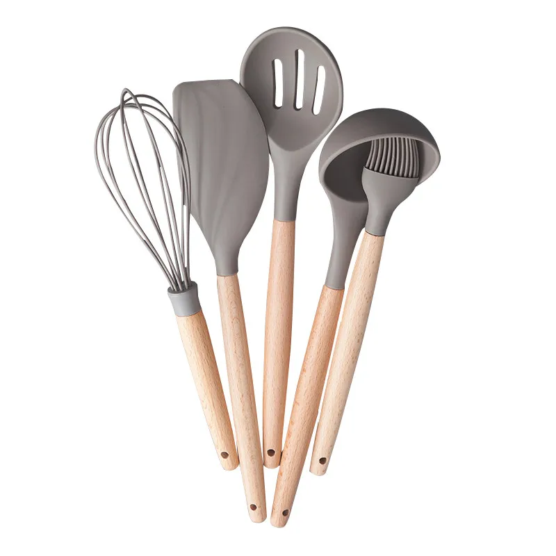 Kitchen Silicone Non-stick Cooking Tools Spoon Spatula Egg Beaters With Wood Handle Utensils Dinnerware Set Accessories Supplies