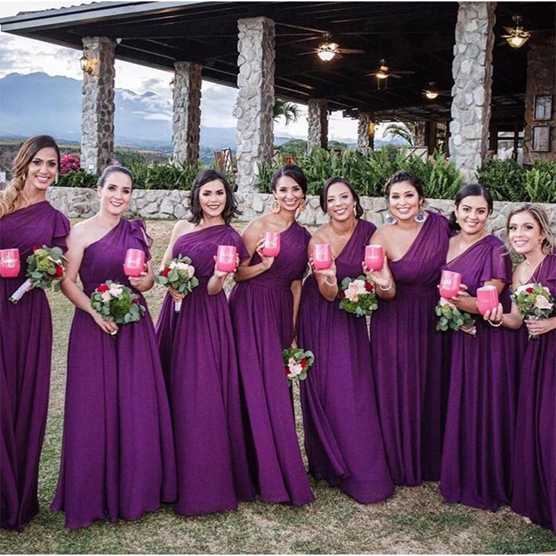 

Elegant One Shoulder Bridesmaid Dress Ruffles Short Sleeves Dark Purple Chiffon Long Maid Of Honor Dresses Wedding Party Gowns