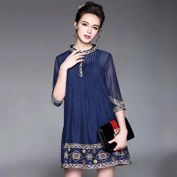 Ethical Mesh Vintage Embroidery Dress 2017 New Women Summer Blue Plus size Dresses Big size L to 4XL 5XL