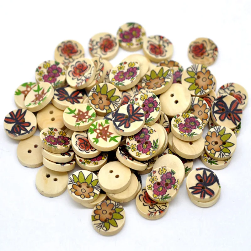 200PCs Mixed Wooden Buttons Flower Decorative Buttons For Clothing