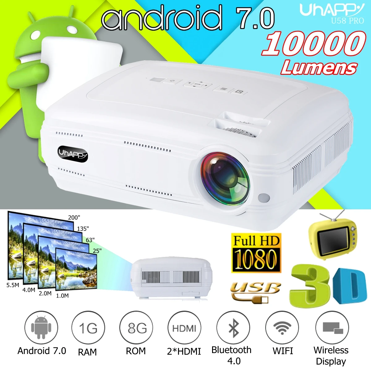 10000 Lumens 1080P Mini Projector 3D LED Home Cinema Theater Projector TV/AV/VGA/HD Beamer For Home Theatre Movie