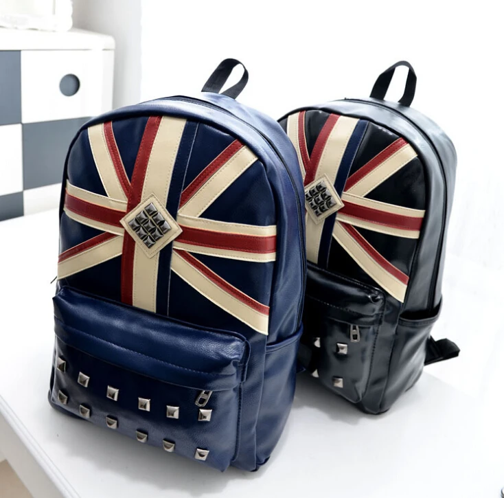 

Women Backpack Leather Rivet National Flag School Bags Vintage England Style Travel Bag Sac A Dos Rugzak Rucksacks Mochila