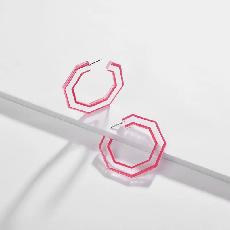 Transparent Hexagon C Shape Acetate Acrylic Hoop Earring Big Circular Women Contrast Colored Painting Large | Украшения и