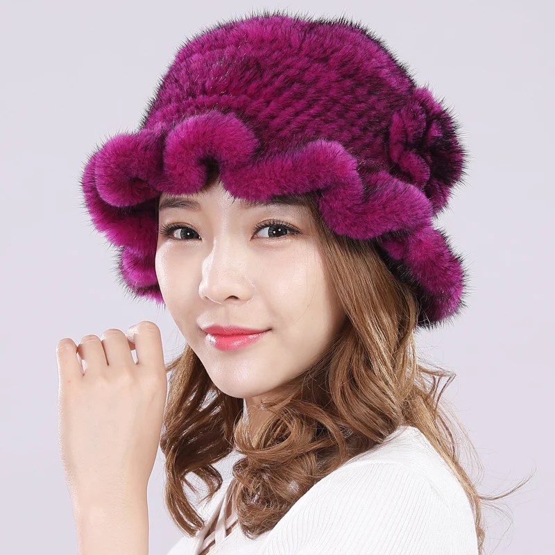 

Glaforny Women Winter Fur natural Genuine Mink Fur Hat Knitted Mink Fur buckets hats Caps High Quality Winter hats