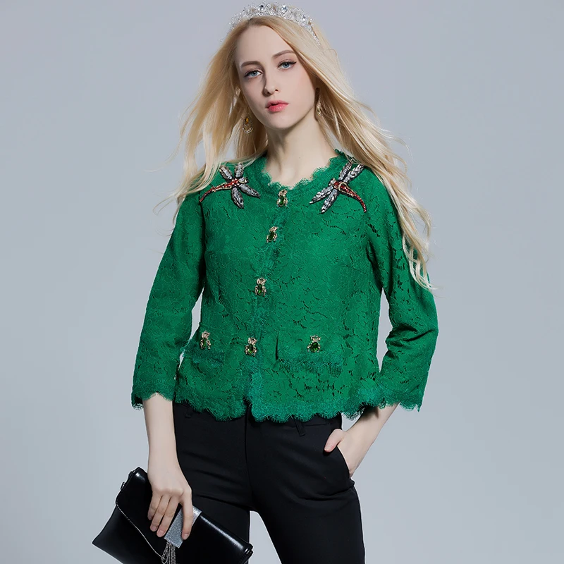 Green Women Jackets 2017 Spring Autumn Long Sleeve Hollow Out Loose