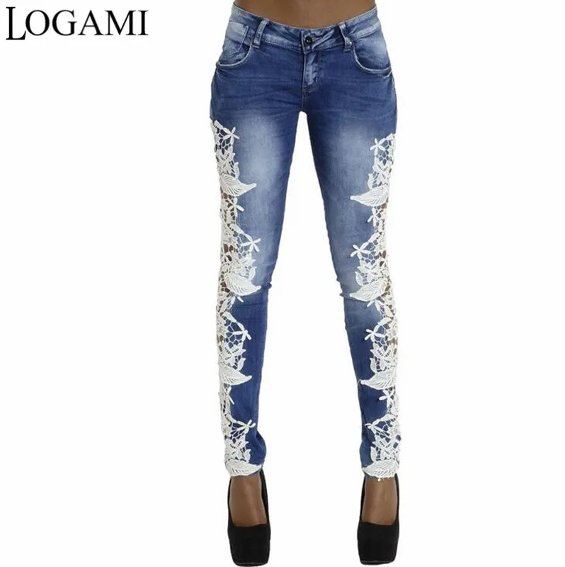 

LOGAMI Lace Patchwork Skinny Jeans Woman Sexy Summer Autumn Ladies Jeans Women Pants