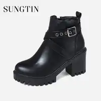 Sungtin Winter New Pu Leather Short Plush Warm Women Ankle Boots Black High Heel Martin Short Boots Large Size 43 Riding Boots