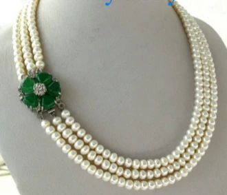 

Jewelr 004179 3 Strands 6mm White Rondelle Freshwater Pearl Necklace Green Jade Flower Clasp