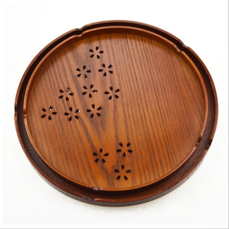 Japanese Style Woode Tray Cherry Shaped Hollow Out Round Food Plate Cinnamomum Septentrionale Hand Wood With