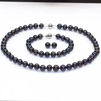 

Women's Wedding charm Jew.657 sets AA 9-10mm FreshWater Cultured Pearl Necklace bracelets mujer moda