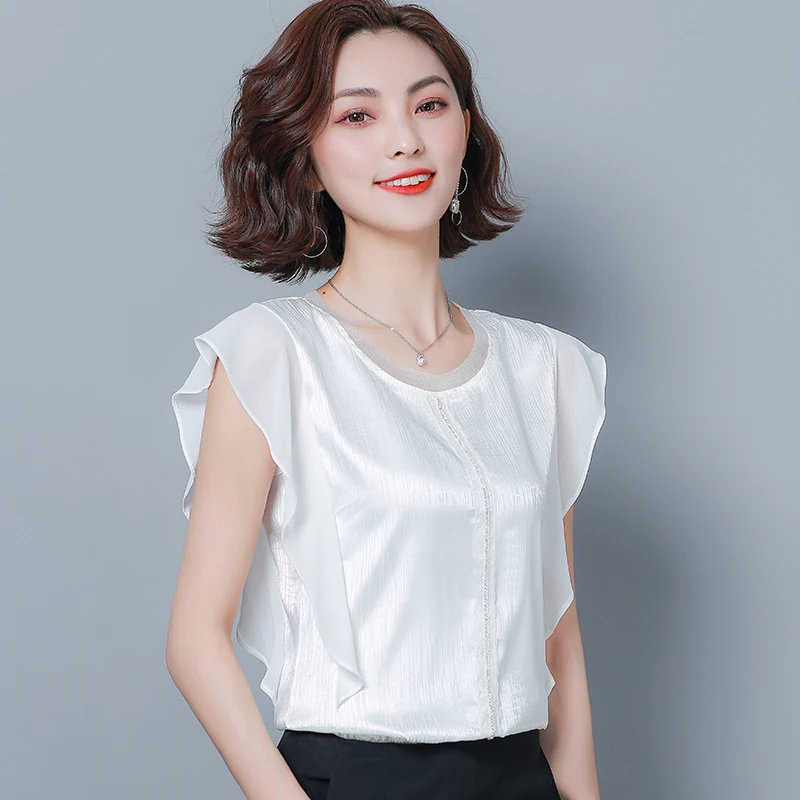 FGLAC المرأة بلوزة قميص أزياء عارضة قصيرة الأكمام كشكش البلوزات س الرقبة فضفاض زائد حجم بلوزة شيفون النساء قمم