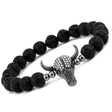 Панк CZ голова быка череп мужской браслет Мода Лава очаровательные каменные бусины браслеты и браслеты макраме Strand ювелирные изделия подарок