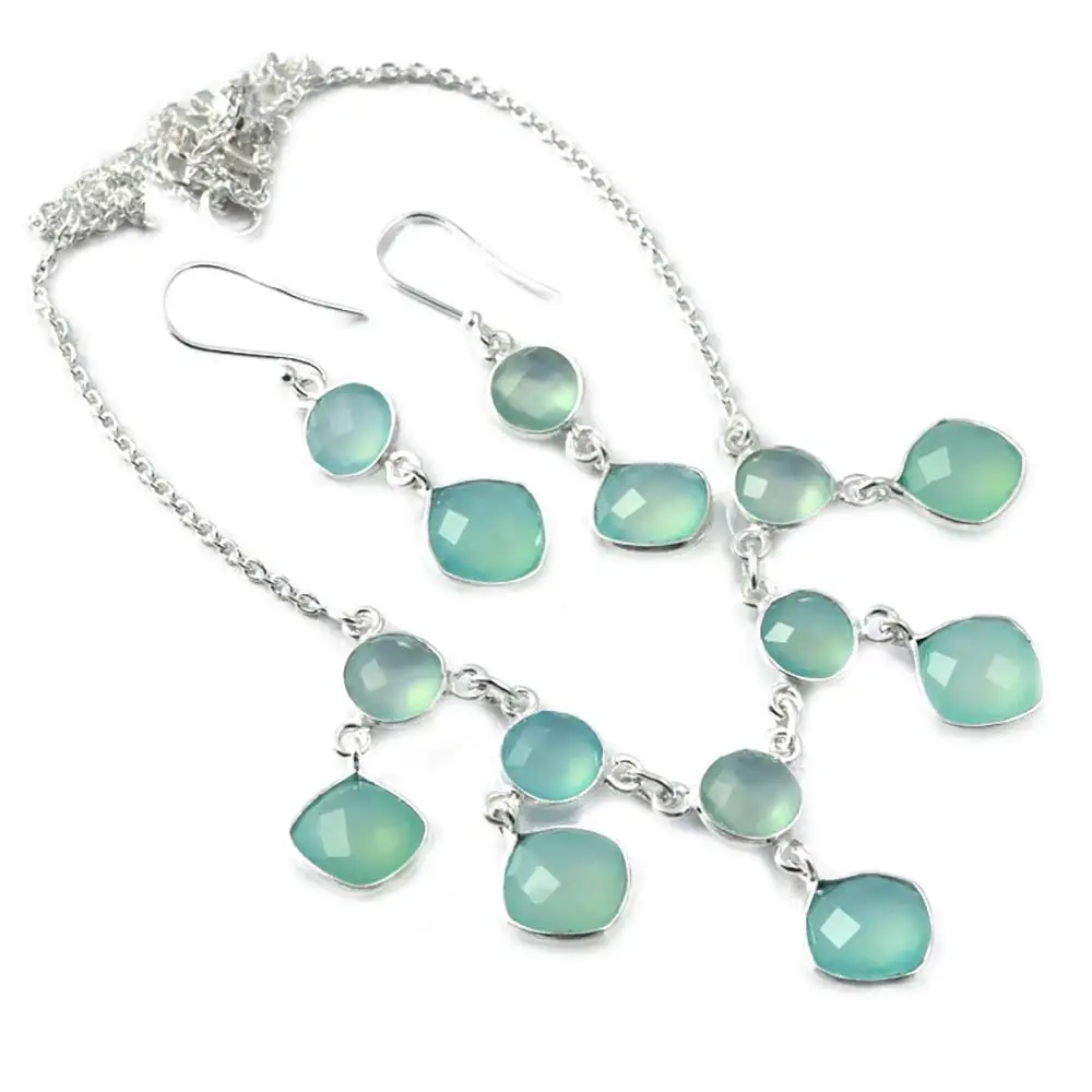 

NiaoZaiFei YunZaiKan Nature Blue Chalcedony Necklace set 925 Sterling Silver, 43 cm, 2SN0015