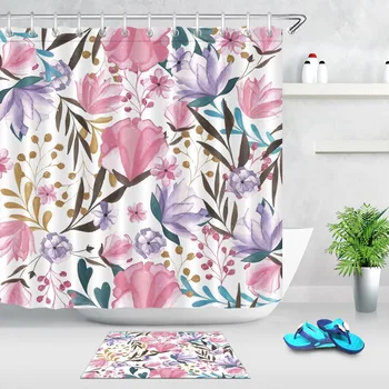 

LB Colorful Watercolor Flower Artistic White Shower Curtain with Mat Set Bathroom Waterproof Polyester Fabric For Bathtub Decor