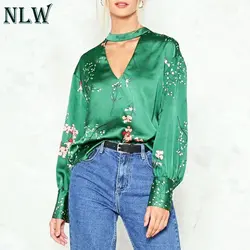 NLW Винтаж Атлас принт зеленый Blosue элегантный Для женщин Повседневное выдалбливают осень 2018 Блузки Рубашки с v-образным вырезом для женщин