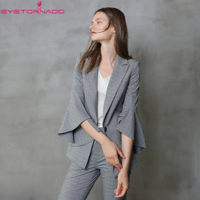 Women notched flare sleeve plaid print blazer short casual basic work single button office business blazer outwear British style