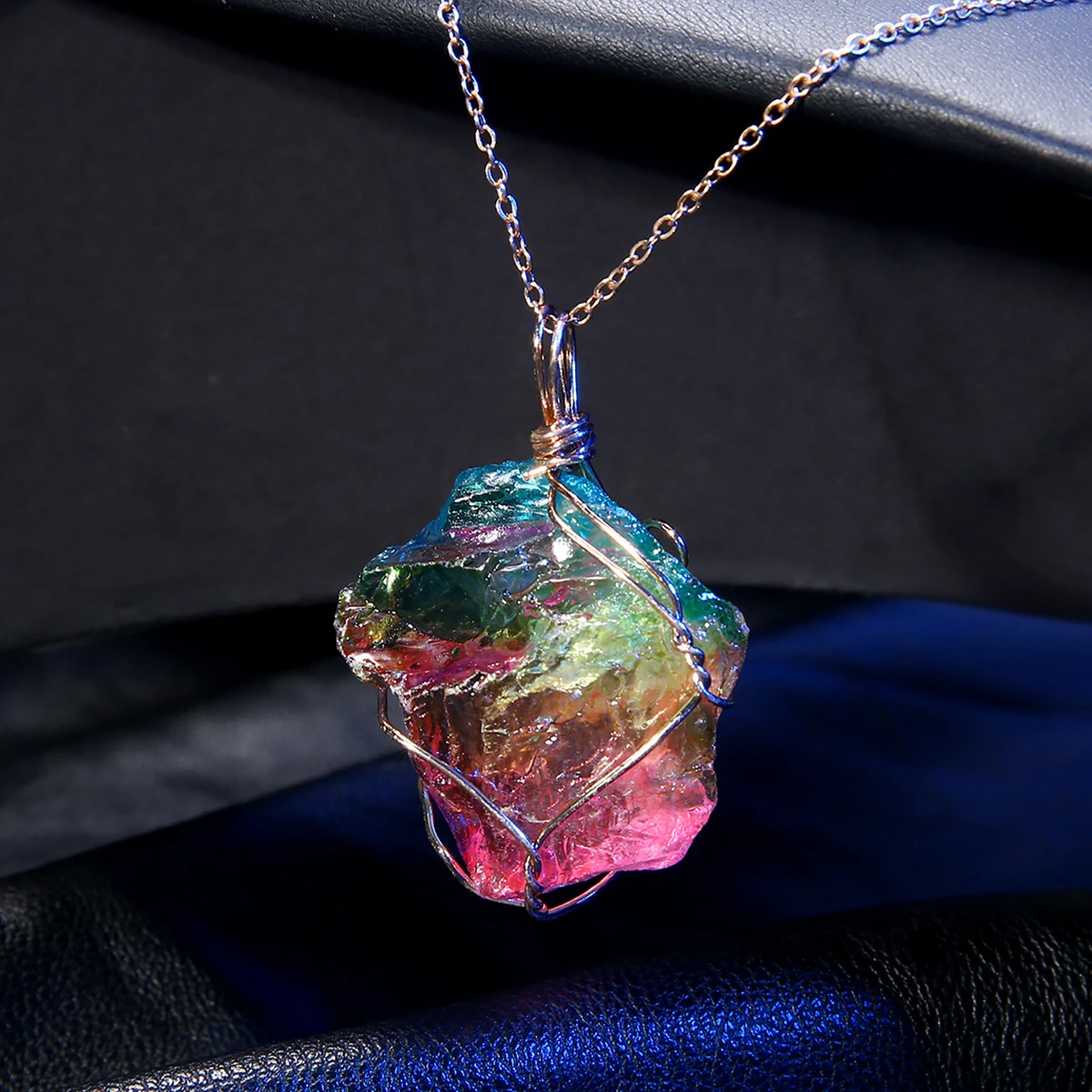 Punk Charms Unisex Rainbow Colorful Stone Pendant Necklace Crystal Rock Gold Color Fashion Chain Chic Unique Bohemian Jewelry